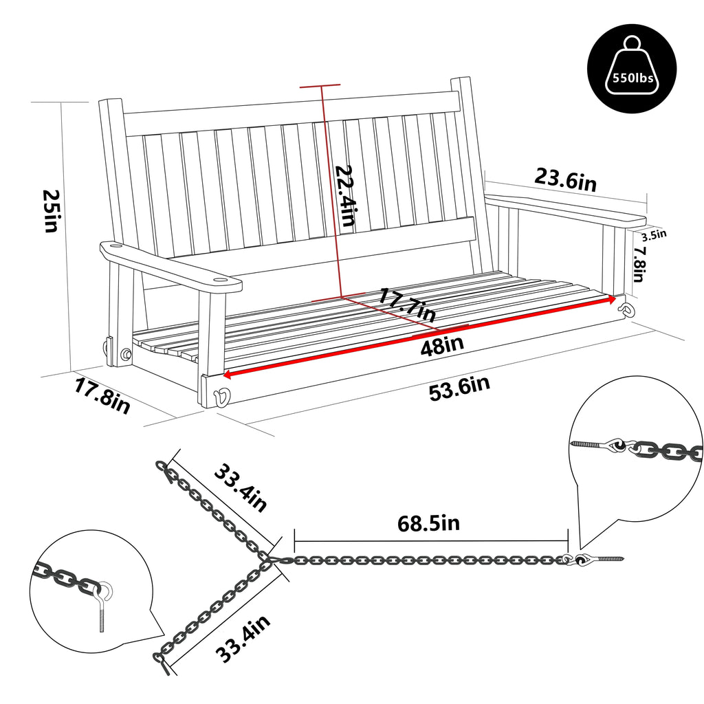 Wooden Porch Swing 4ft with Chains 2-person Swing Bench H605360