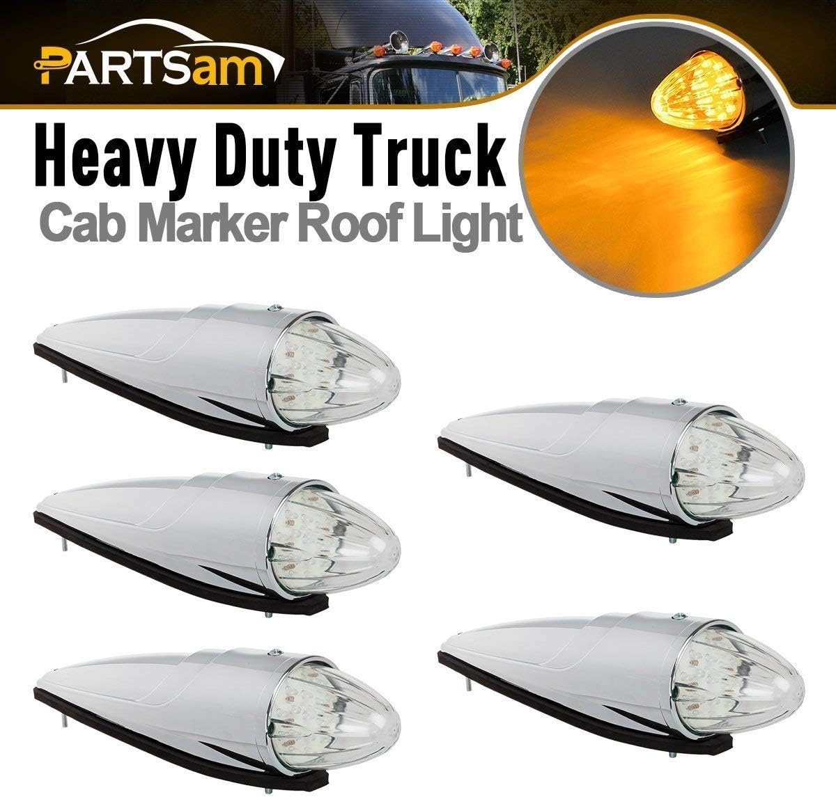 5PCS 17 LED Amber Cab Marker Roof Running Lights Assembly Chrome Heavy Duty Trucks O50344