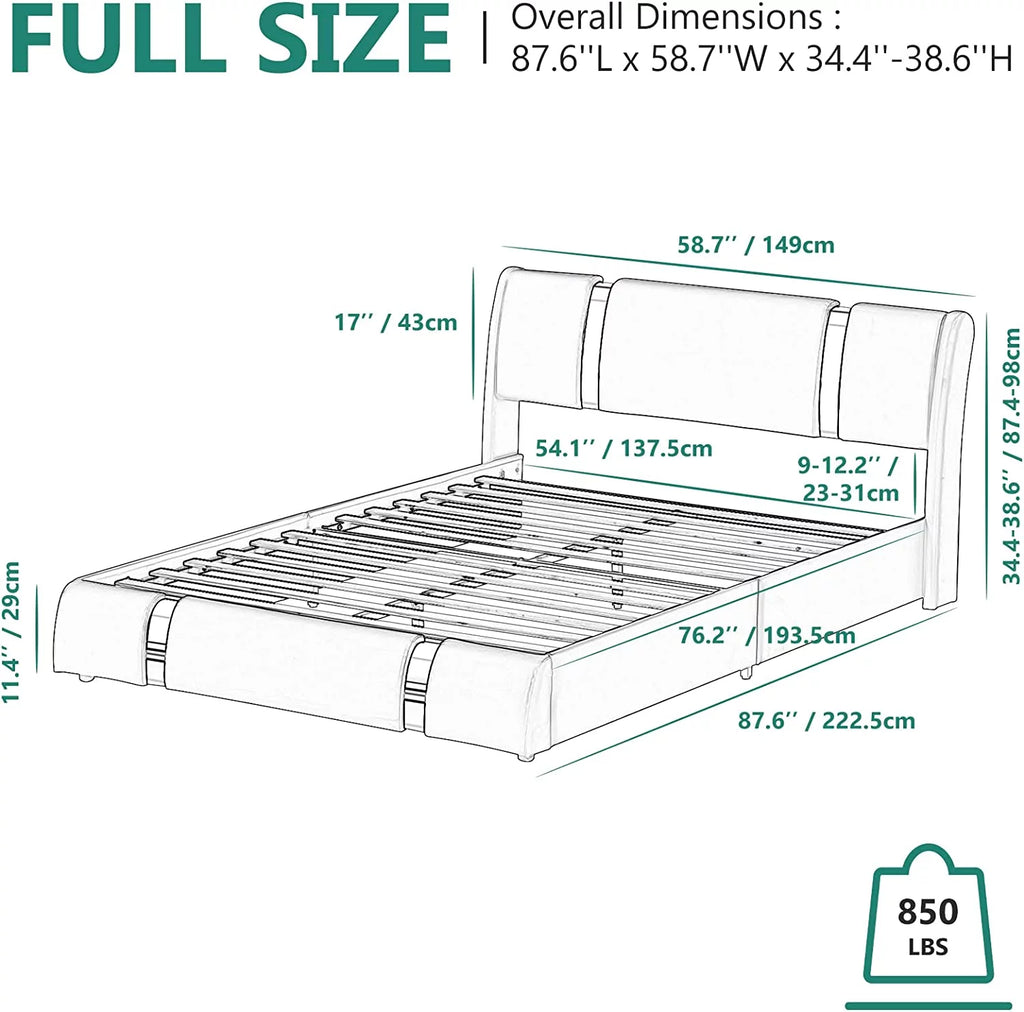 Faux Leather Full Size Platform Bed with LED Light and Adjustable Headboard B744