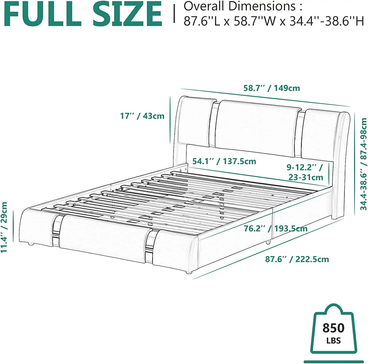 Faux Leather Full Size Platform Bed with LED Light and Adjustable Headboard B744