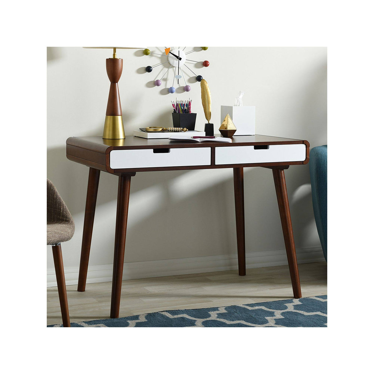 Dark Walnut and White 2-Drawer Wood Writing Desk A5769