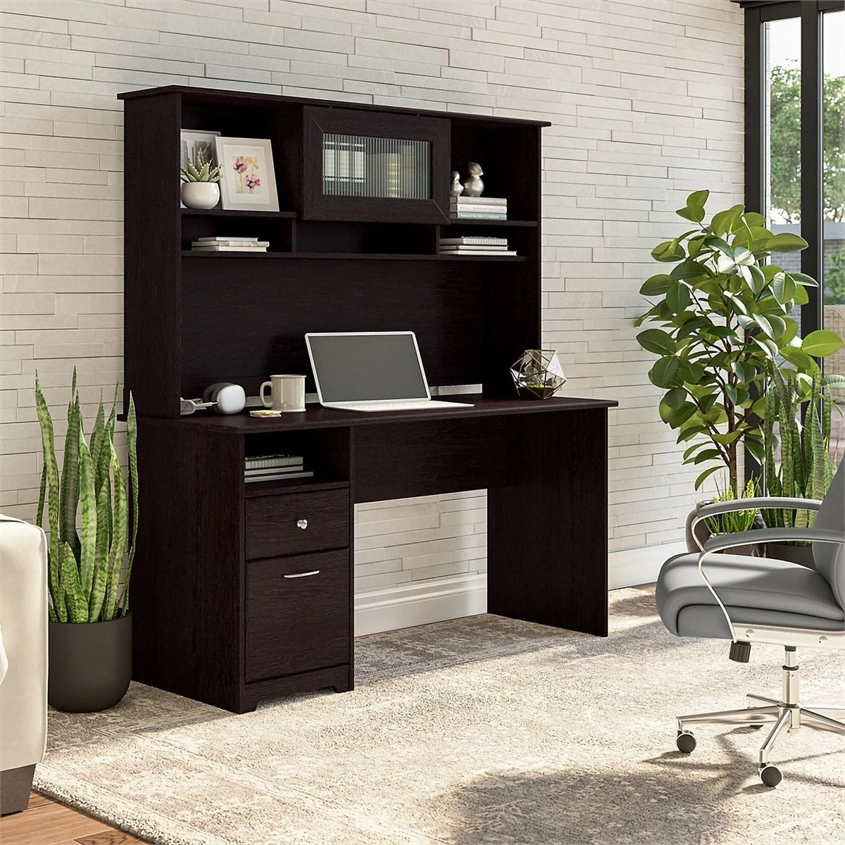 60" Contemporary Wood Desk with Hutch in Espresso Oak M6623