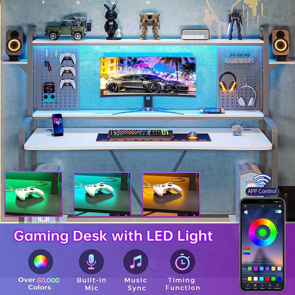 55" White Computer Desk with Hutch and Shelves G546