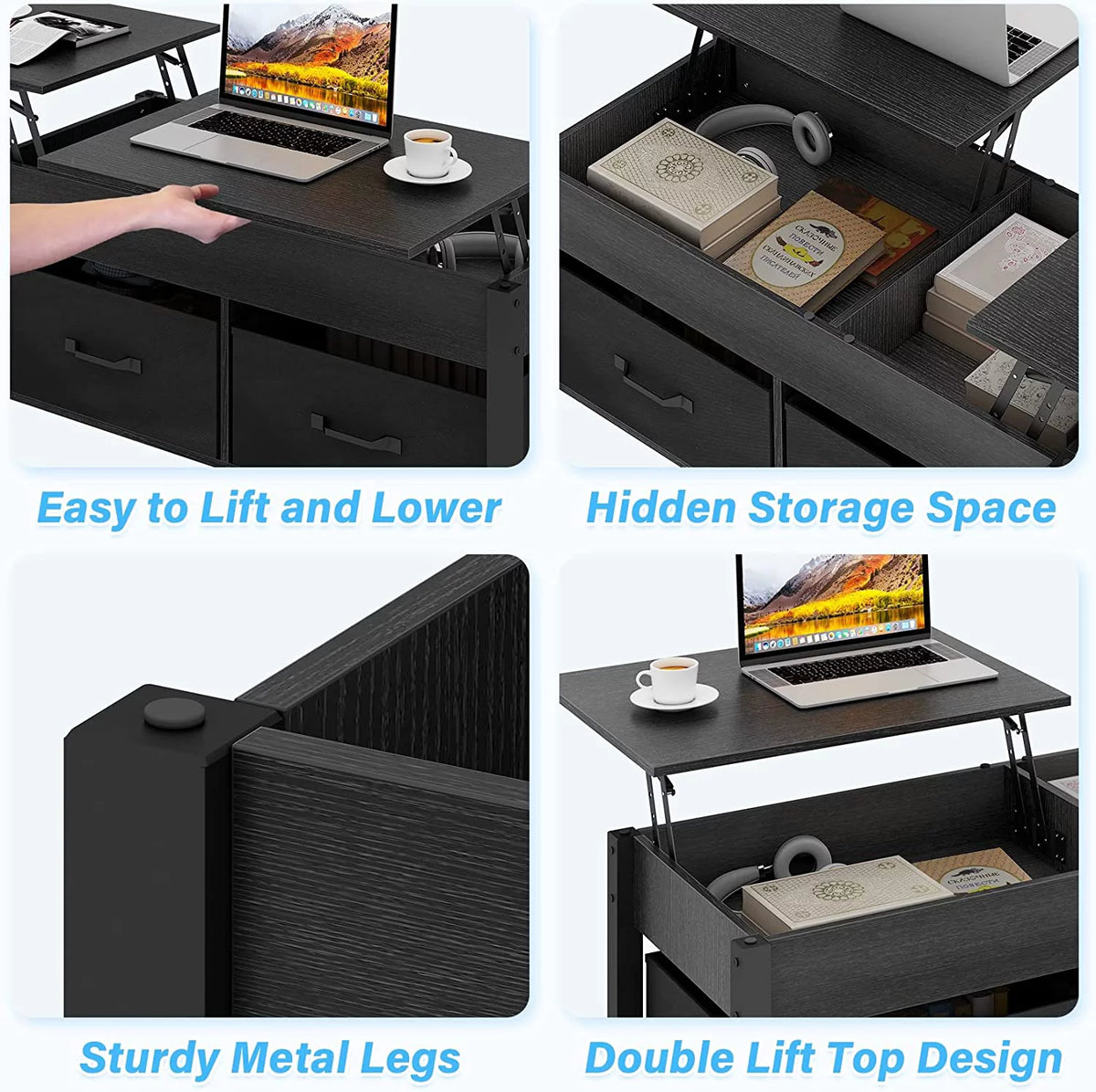 Lift Top Coffee Table with 2 Drawers and Open Side Shelf G55194