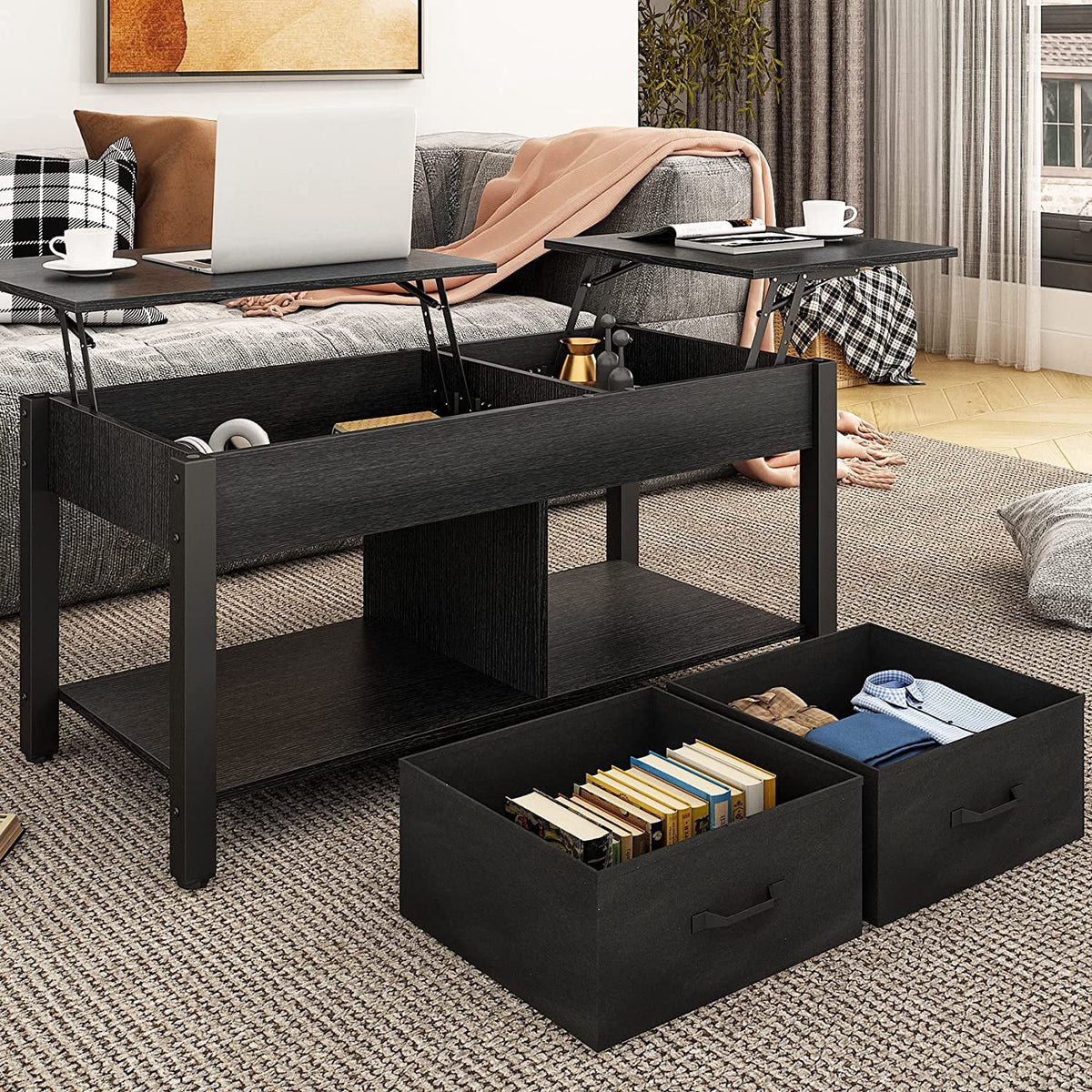 Lift Top Coffee Table with 2 Drawers and Open Side Shelf G55194