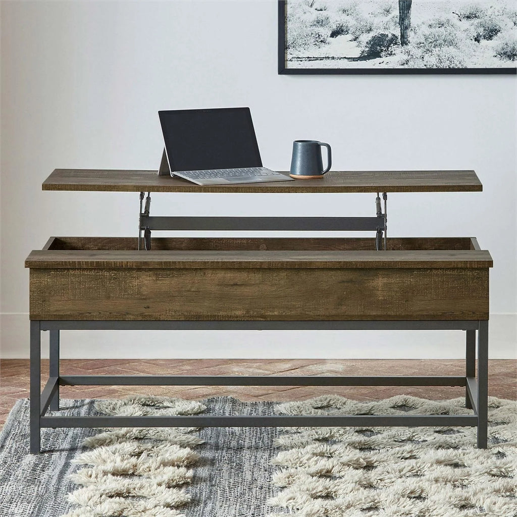 Brown Oak and Black Wood Coffee Table with Hidden Storage B5321