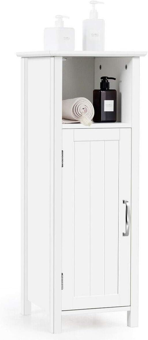 White Bathroom Floor Storage Cabinet with Single Door Adjustable Shelf J187030
