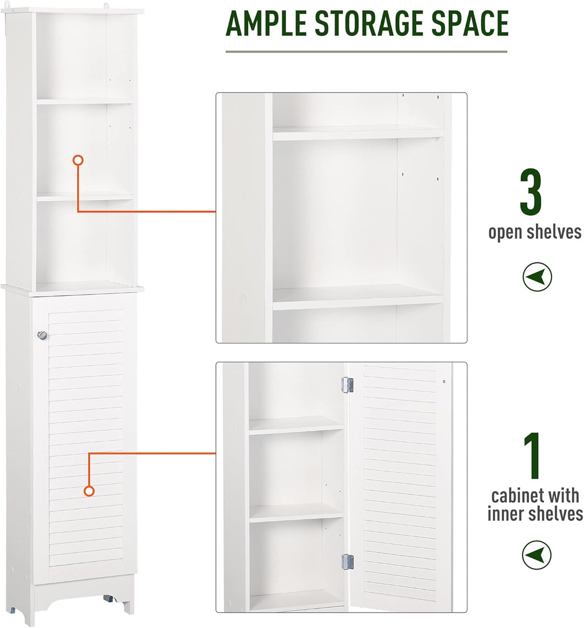 White Tall Bathroom Storage Cabinet with 3-Tier Shelf and Cupboard Z784804