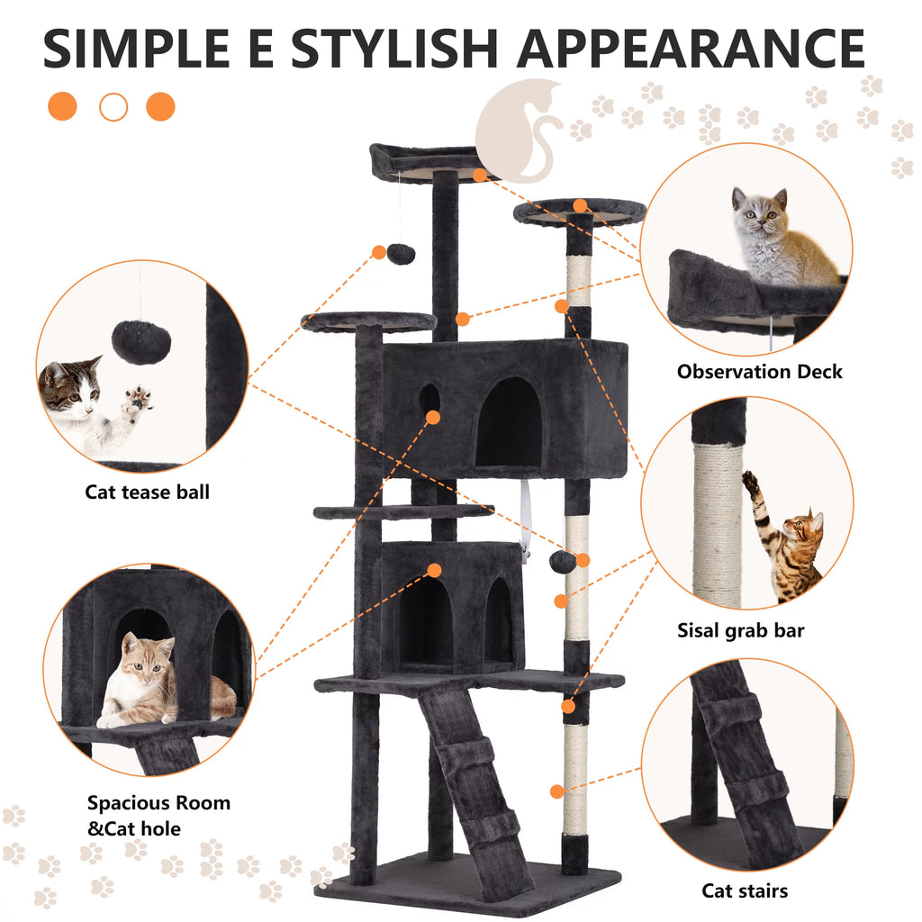 70in Dark Gray Cat Tree Tower with Scratching Posts L4495