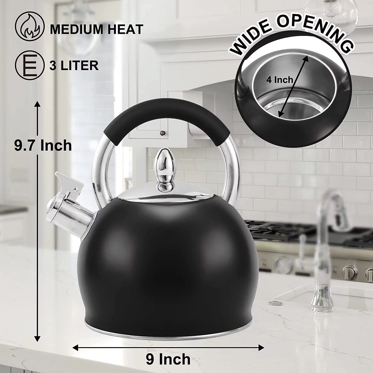 Stainless Steel Tea Kettle with Silicone Handle 3.2 Quart Black Q83294