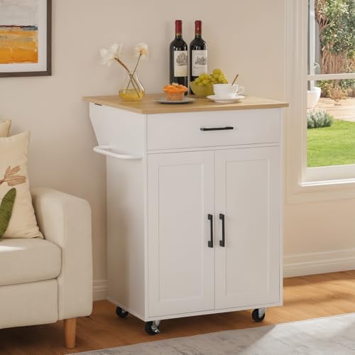 White Drop Leaf Kitchen Island on Wheels with Drawer Q365