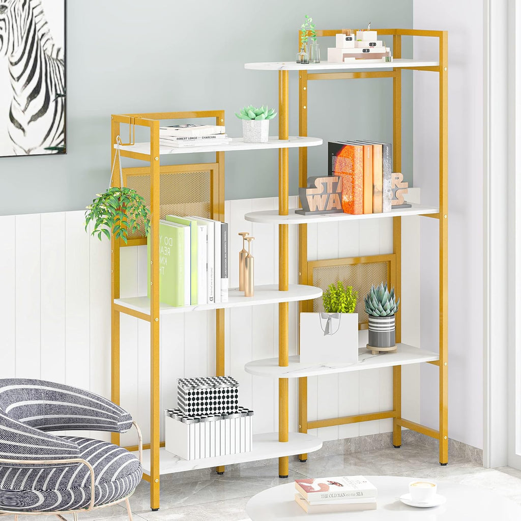 6-Tier Adjustable Wood and Metal Bookshelf White Gold E90814