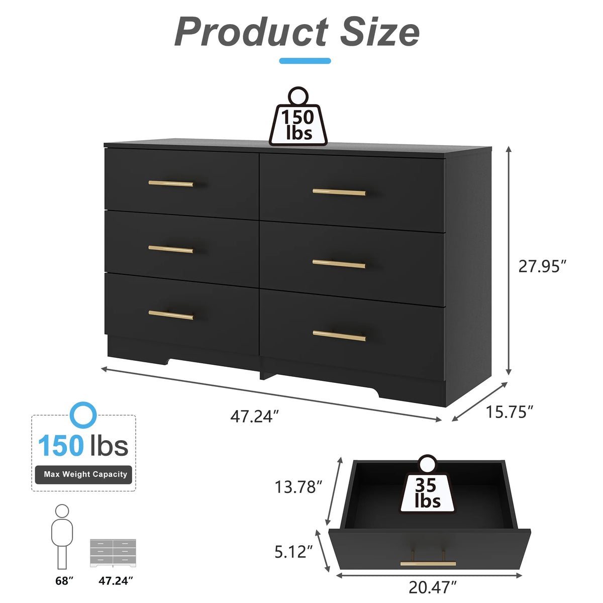 Black 6 Drawer Wood Dresser G338