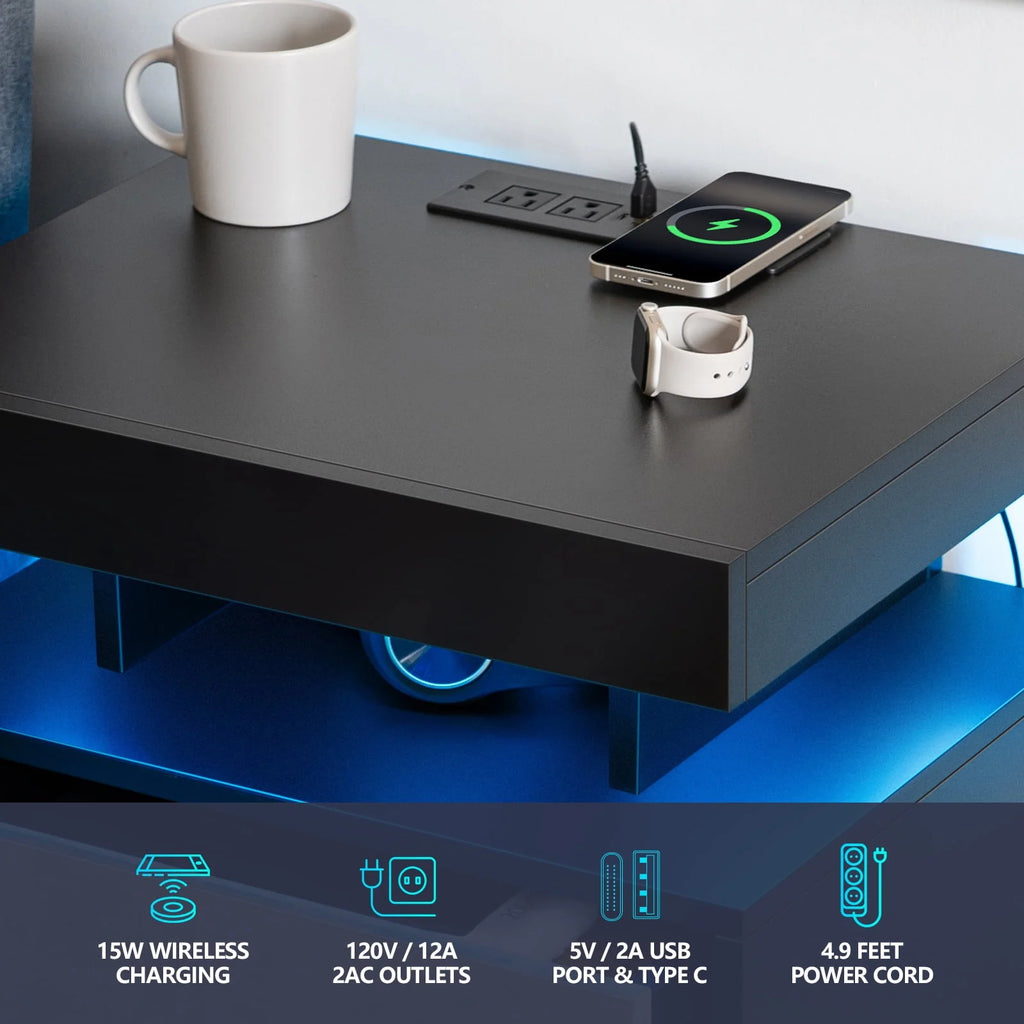 Black 2 Drawer LED Nightstand with Charging Station E6810