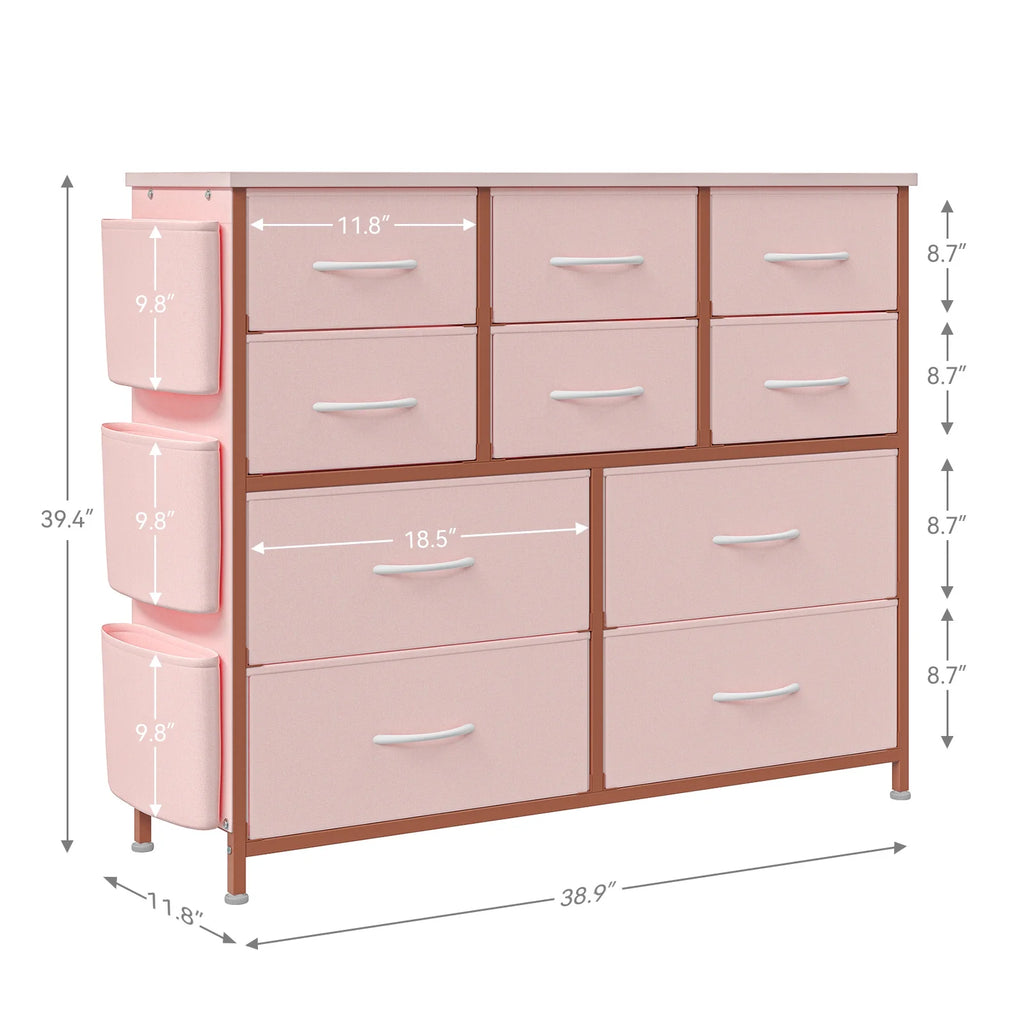 Pink 10 Drawer Fabric Dresser with Wood Tabletop L386214