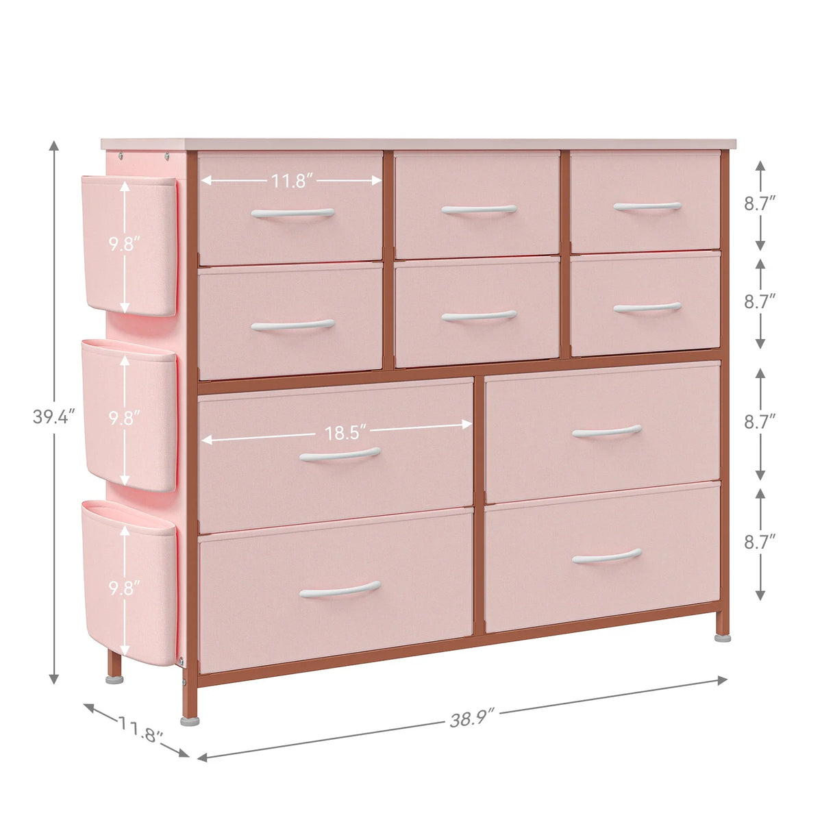Pink 10 Drawer Fabric Dresser with Wood Tabletop L386214