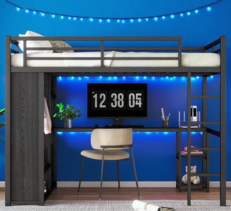 Queen Size Black Metal Loft Bed with L Desk and Wardrobe C4185