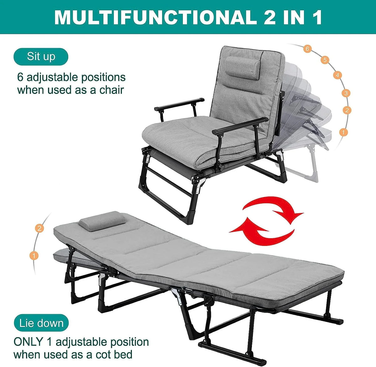 3 in 1 Folding Camping Cot Bed with Mattress & Pillow F48018
