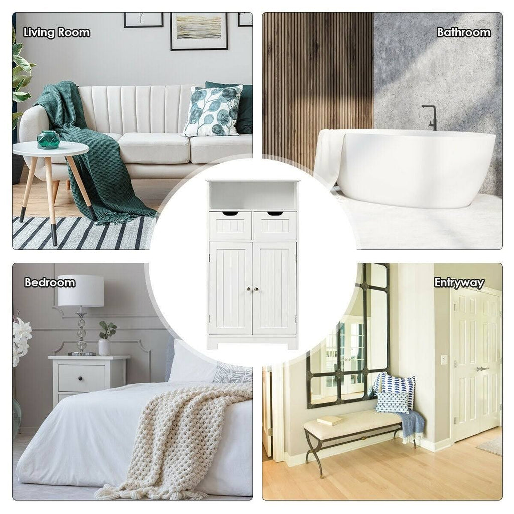 White Wooden Bathroom Side Cabinet with 2 Drawers and 2 Doors J593