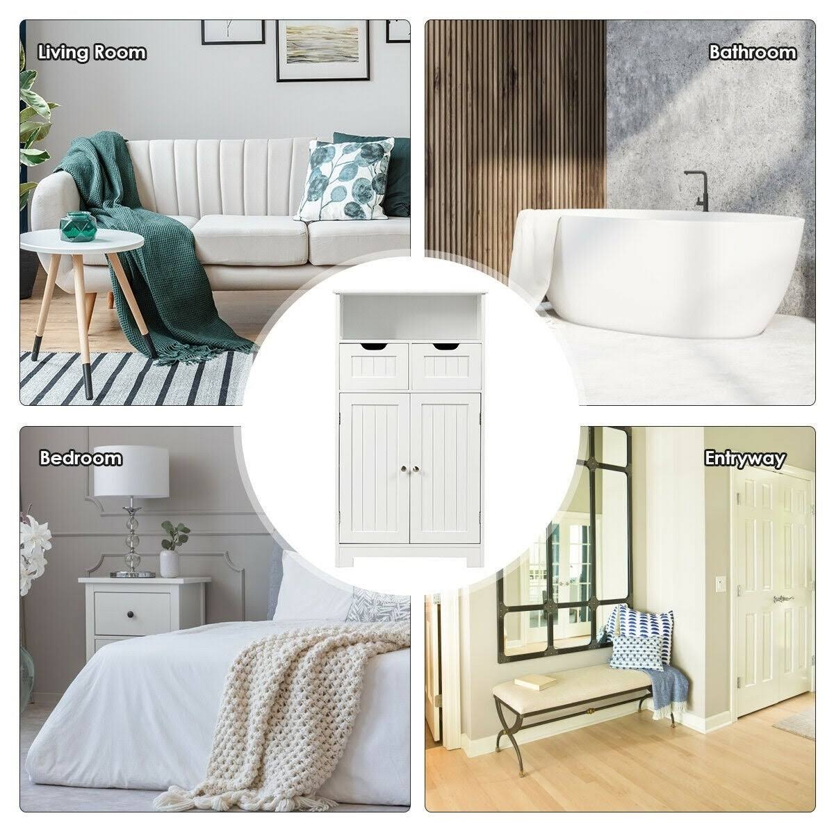 White Wooden Bathroom Side Cabinet with 2 Drawers and 2 Doors J593