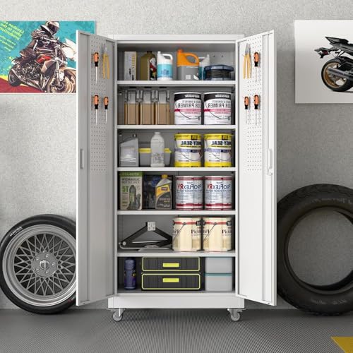 Black Metal Garage Storage Cabinet with Wheels E7973