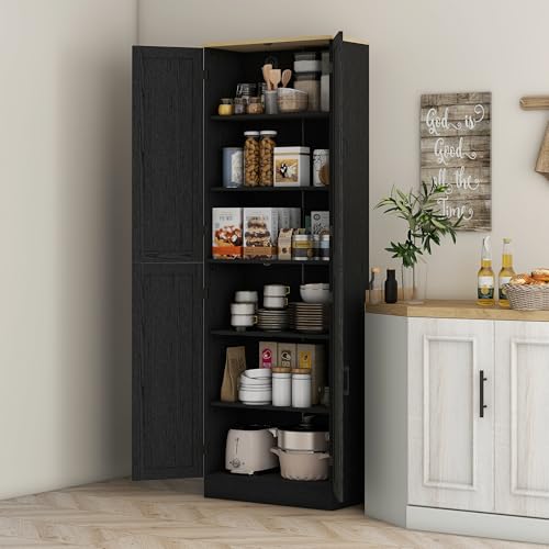 67" Distressed Black 4-Door Kitchen Pantry Cabinet T8082