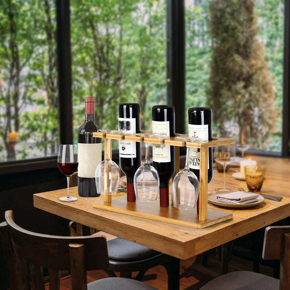 Bamboo Wine Rack Holds 3 Bottles & 3 Glasses H722173