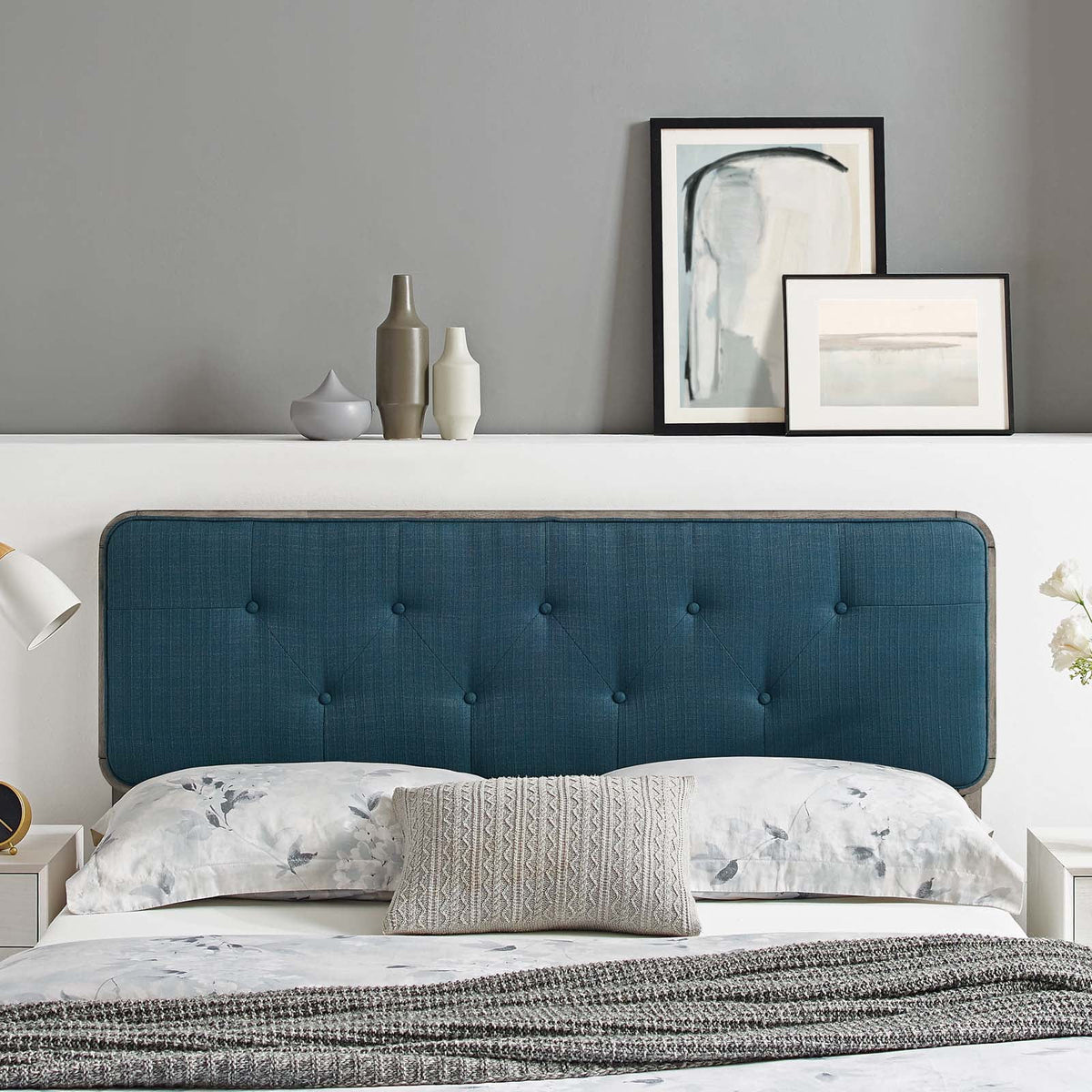 Grey Tufted Fabric Wood Headboard M257