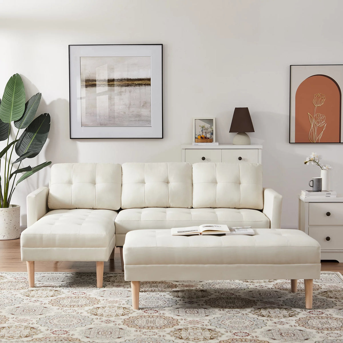 Beige L-shape Sectional Sofa Bed with Ottoman Bench Y65003