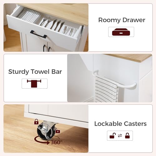 White Drop Leaf Kitchen Island on Wheels with Drawer Q365