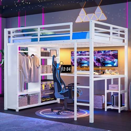 Queen Size Black Metal Loft Bed with L Desk and Wardrobe C4185