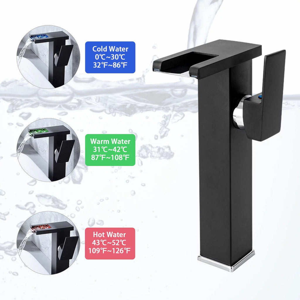 Waterfall Single-Handle Vessel Sink Faucet with LED Light O7598