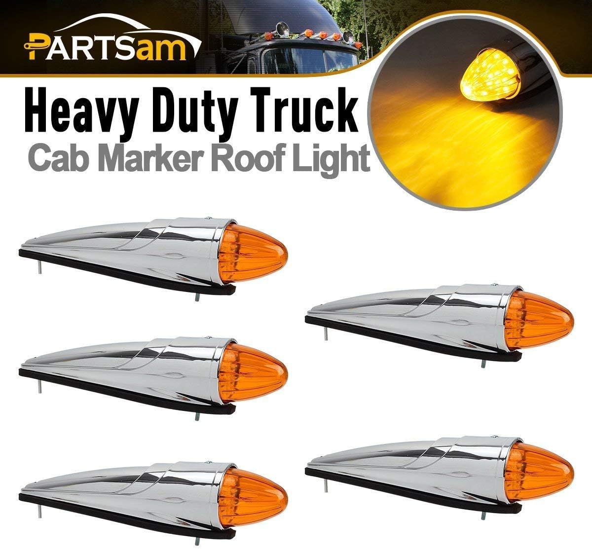 5PCS 17 LED Amber Cab Marker Roof Running Lights Assembly Chrome Heavy Duty Trucks O50344