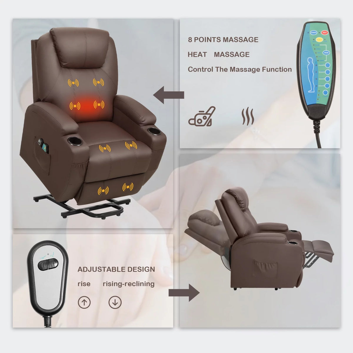 Black PU Leather Power Lift Recliner Chair with Massage and Heating A1830