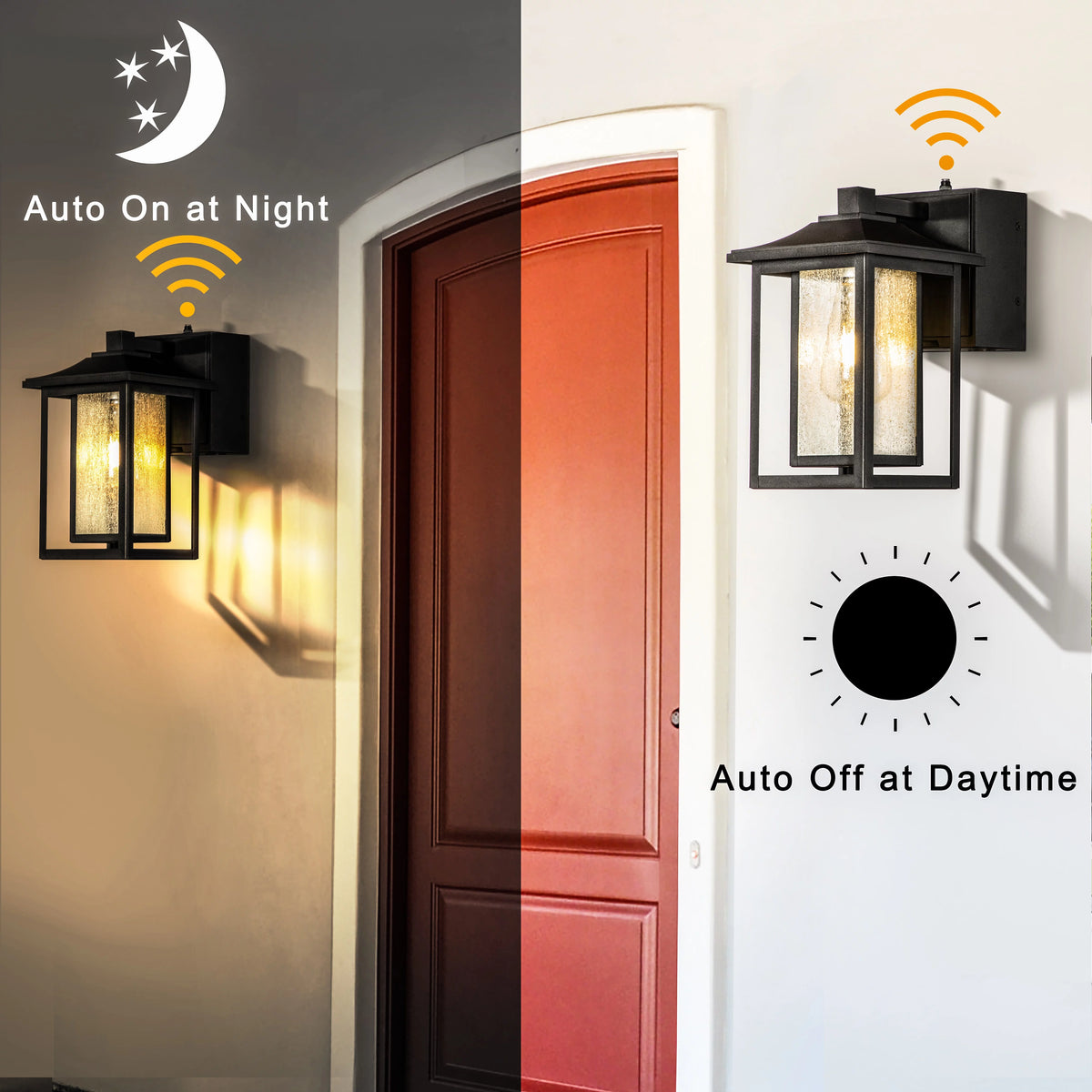 Black Dusk to Dawn Sensor Outdoor Wall Sconces with Seeded Glass and GFCI Outlets T973