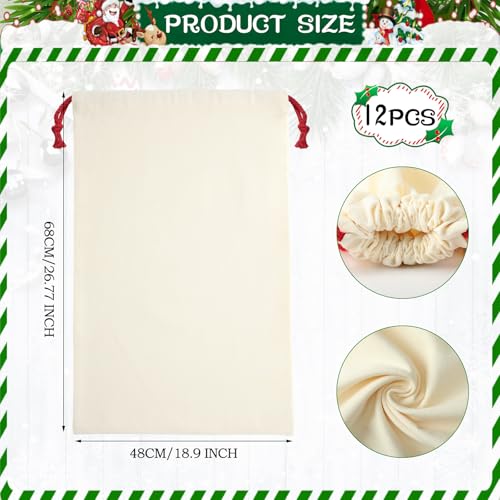12 Pcs Christmas Sack with Drawstring Cotton Laundry Bag L54075