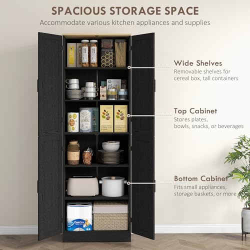 67" Distressed Black 4-Door Kitchen Pantry Cabinet T8082