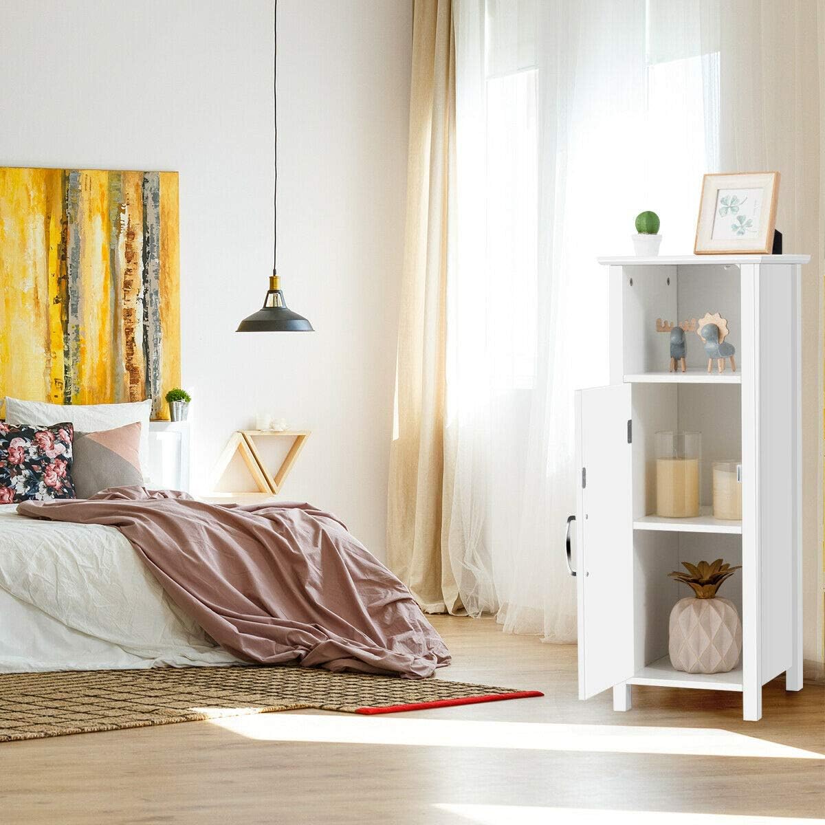 White Bathroom Floor Storage Cabinet with Single Door Adjustable Shelf J187030