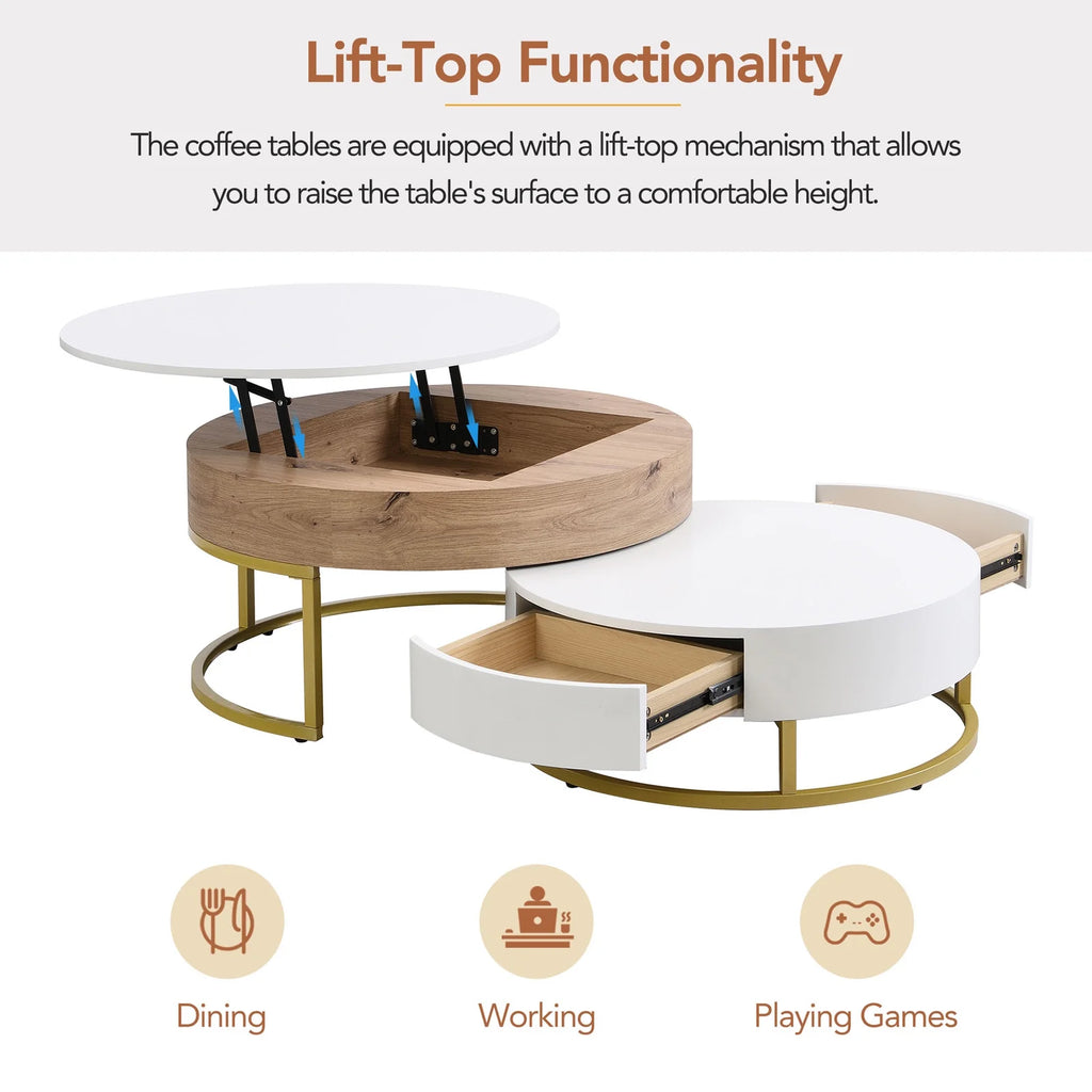 Round Lift-top Nesting Coffee Tables with 2 Drawers Q49693