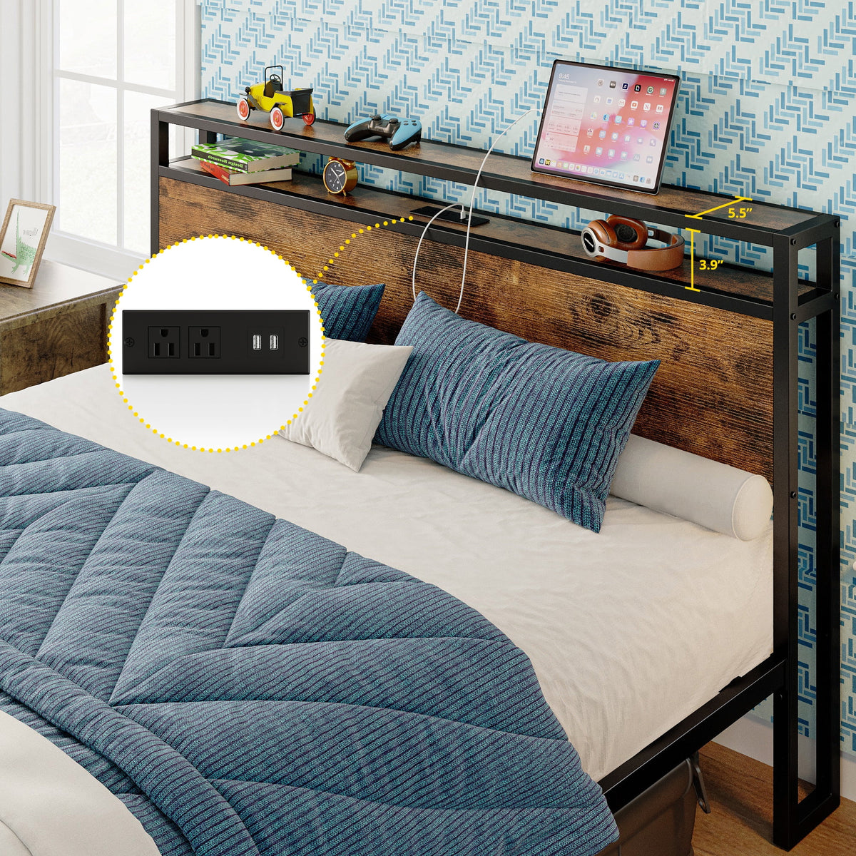 Twin Bed Frame with Storage Headboard and Charging Station F490600