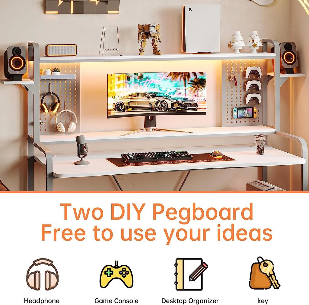 55" White Computer Desk with Hutch and Shelves G546