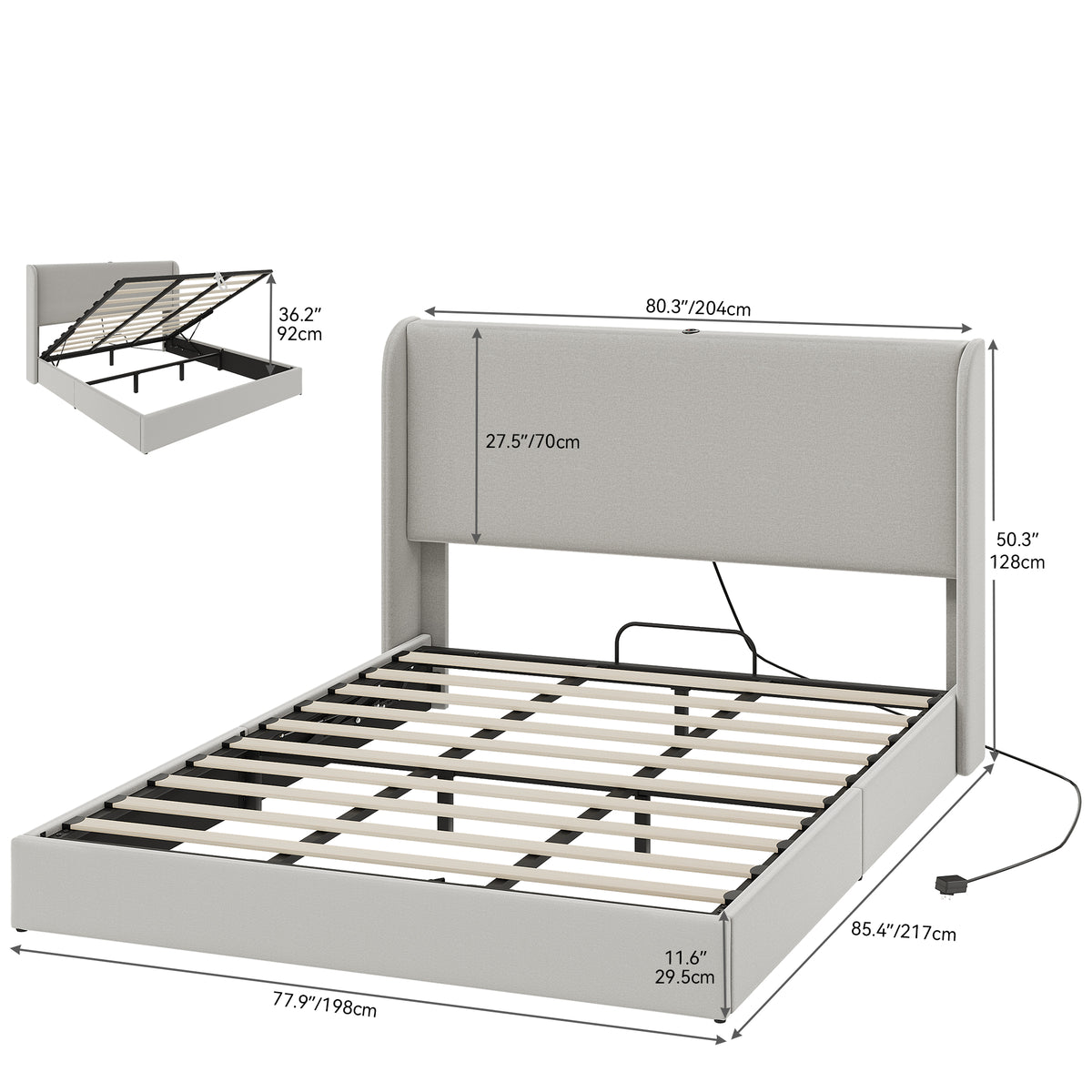 King Size Lift-Up Storage Bed with Charging Station and Wingback Headboard Z5709
