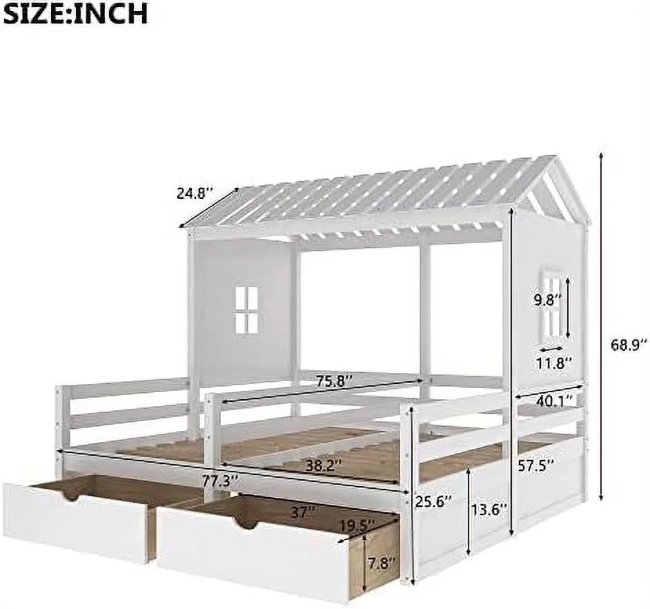 White Wood House Bed with 2 Platform Beds and Storage Drawers D329