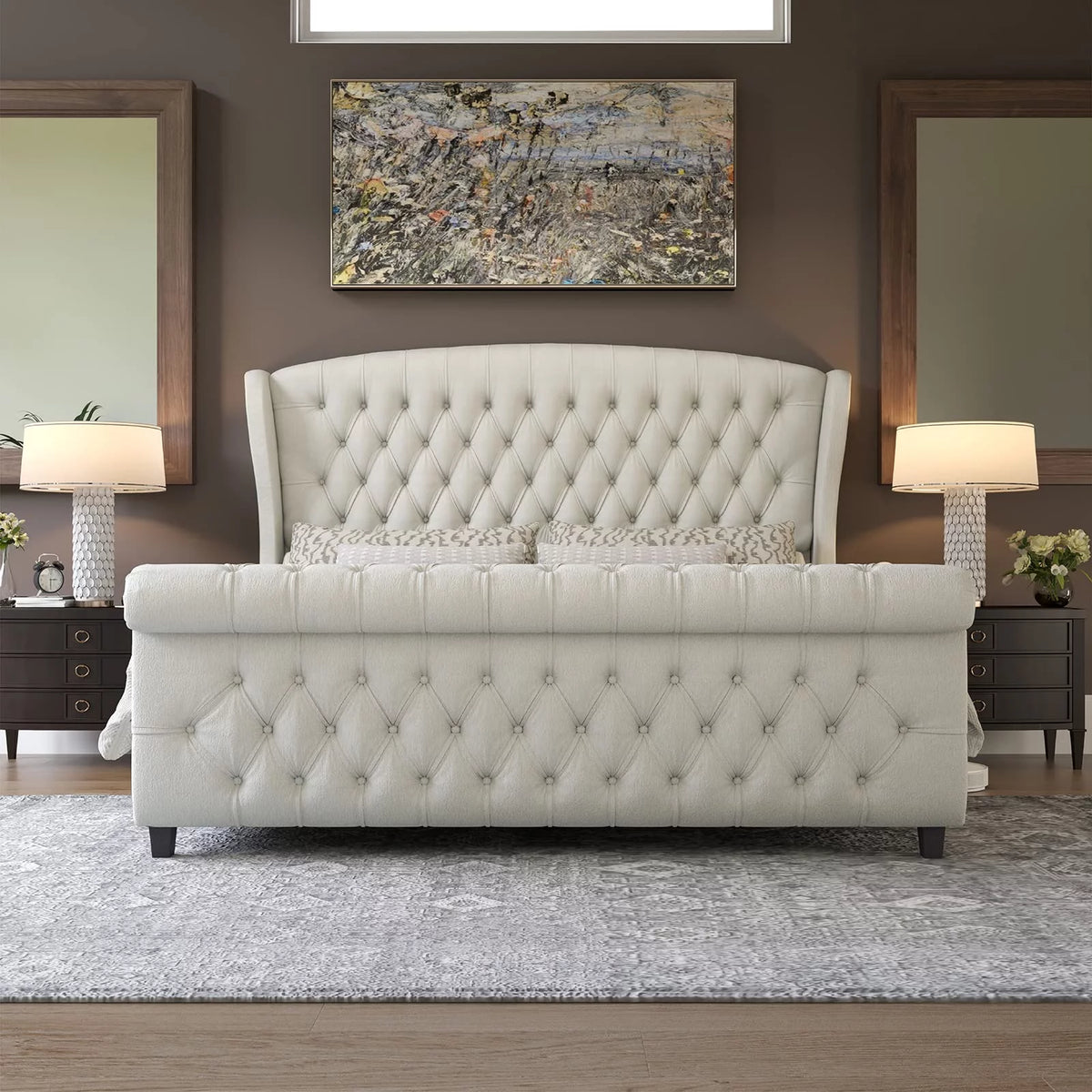 Queen Size Black Velvet Upholstered Platform Bed Frame H7040
