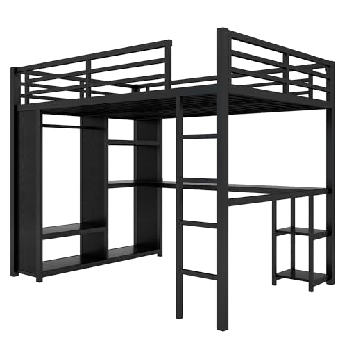 Queen Size Black Metal Loft Bed with L Desk and Wardrobe C4185