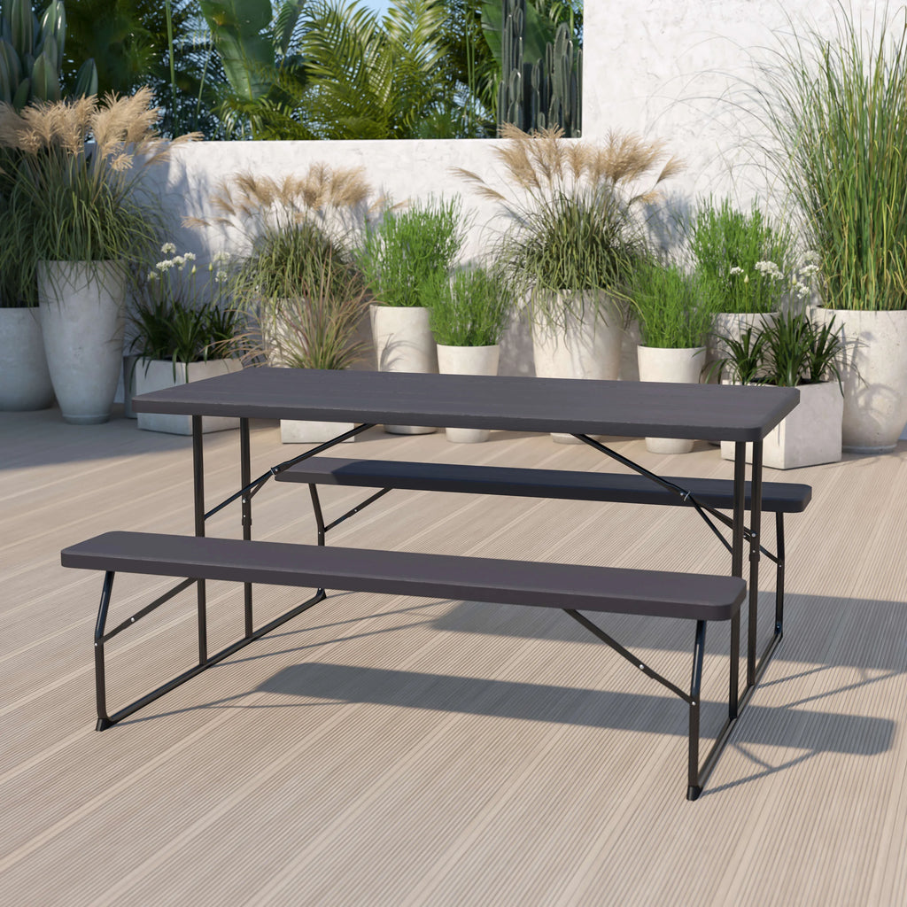 Charcoal Wood Grain Folding Picnic Table and Benches K706218