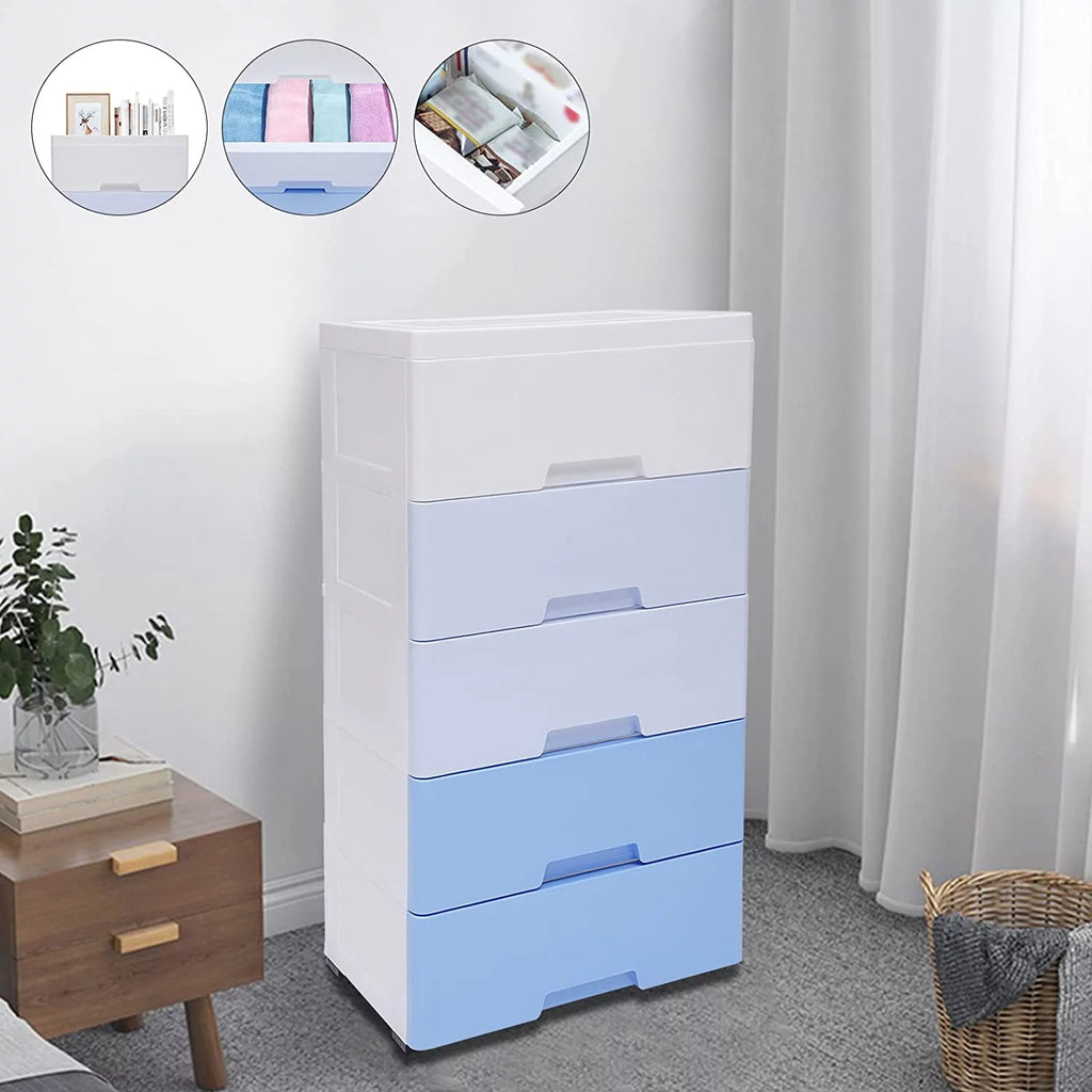 5 Plastic Drawers Dresser with Wheels Gradient Blue X51748