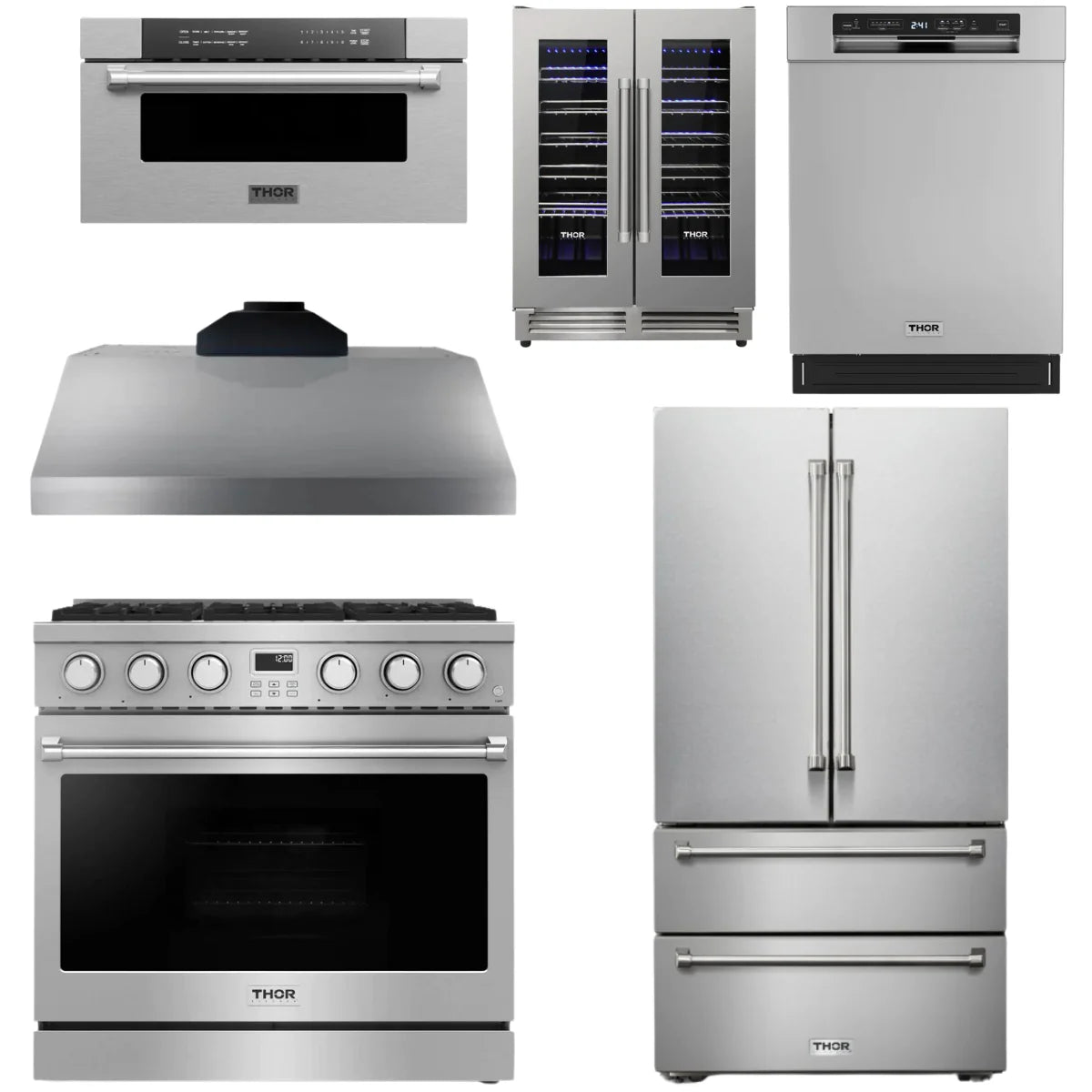 36 Gas Range, Range Hood, Refrigerator, Dishwasher, Microwave and Wine Cooler E59669
