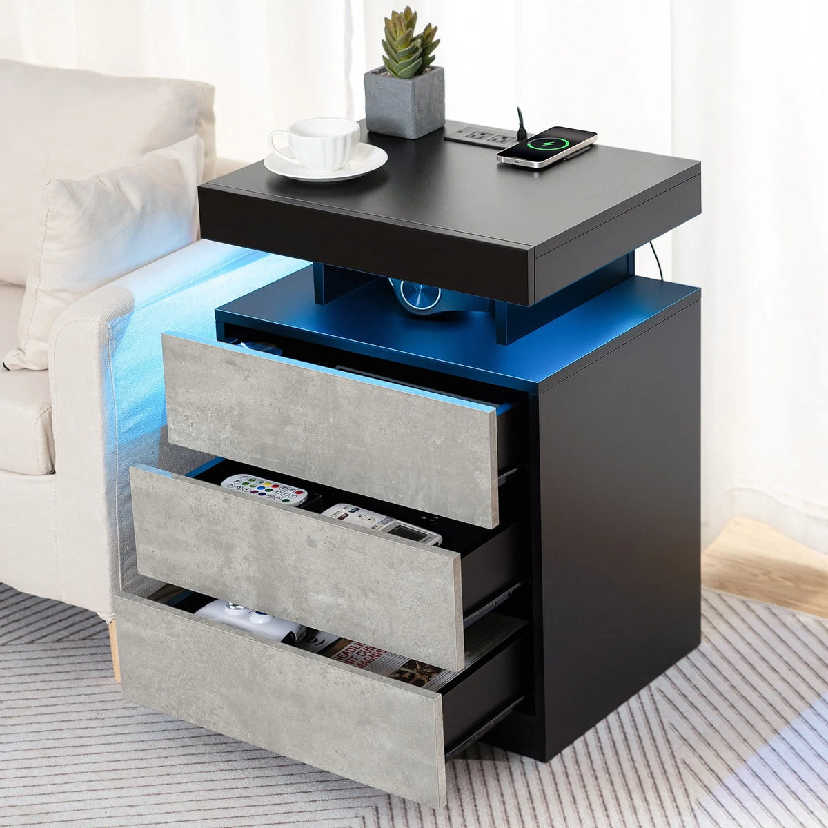 Black 2 Drawer LED Nightstand with Charging Station E6810