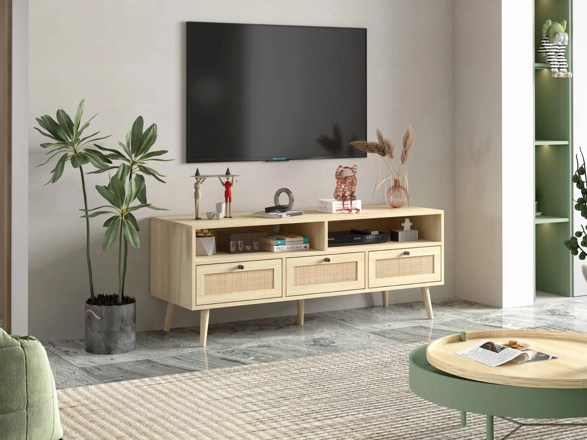 Rattan TV Stand with Solid Wood Feet B582842